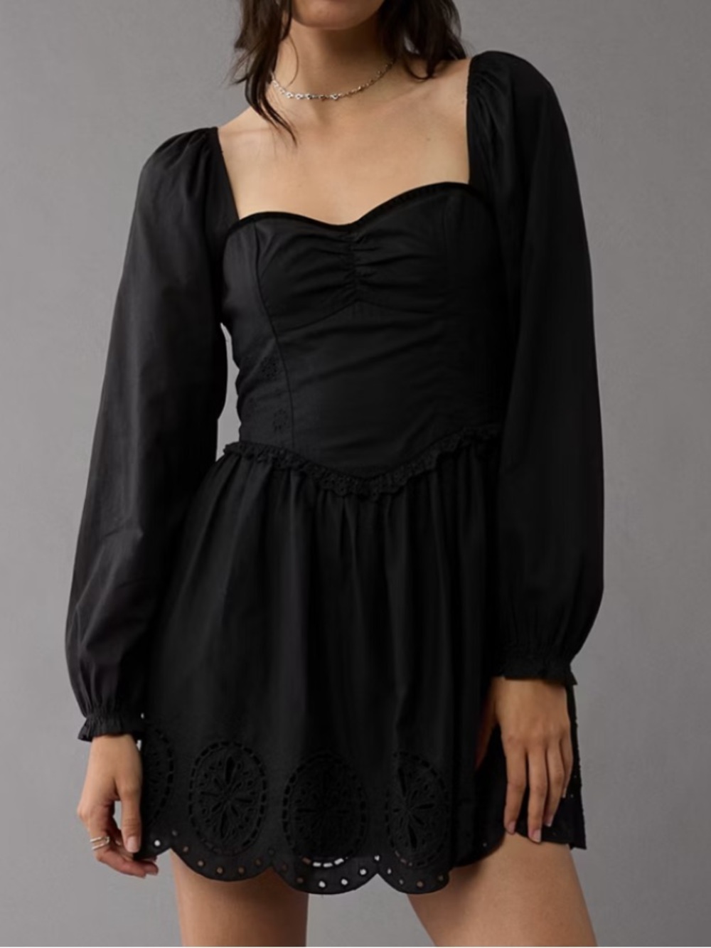 American Eagle XSmall Dress AE Sweetheart Cotton Eyelet Pockets Mini Lined Black